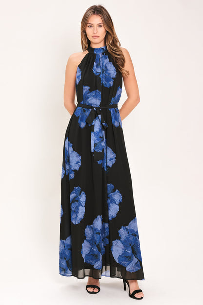 Evening Orchard Woven Halter Maxi Dress in BLACK / BLUE view 5 - Evening Dress Orchard