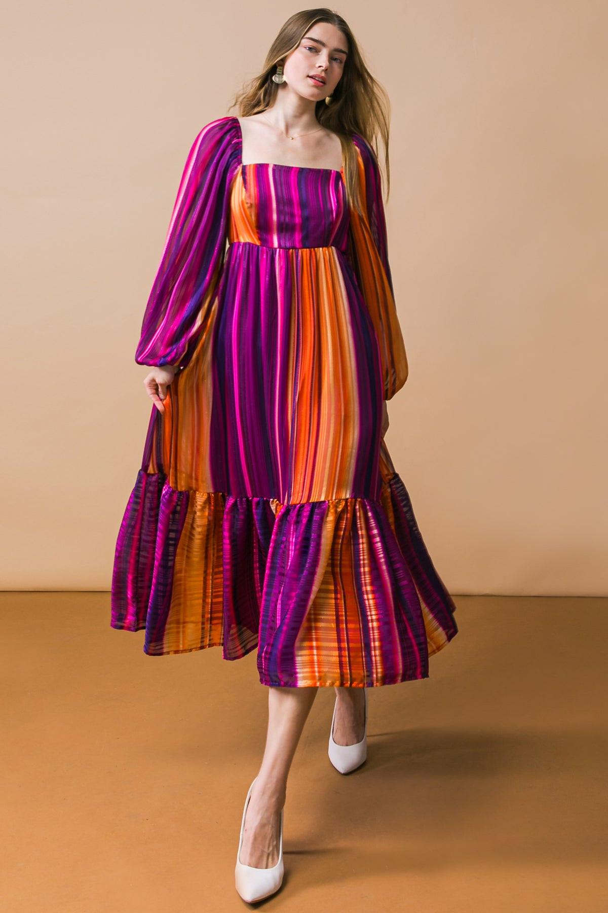 Everything You Needed Woven Midi Dress PURPLE ORANGE (dress) - what you dress up, all you dress, everyt - shop at us.meeeshop