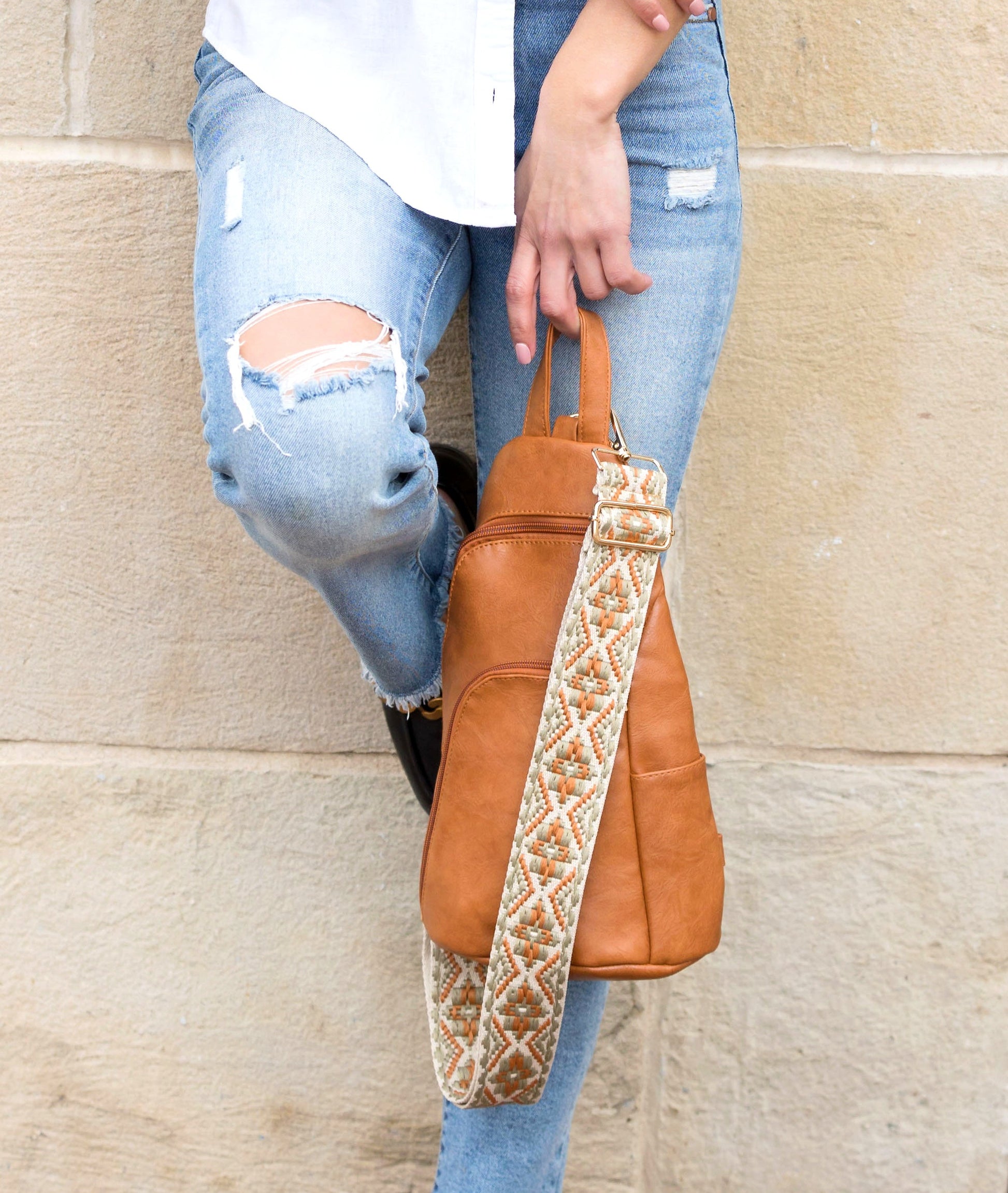 Evie Vegan Leather Crossbody Sling Bag in Cognac view 3 - Bag Crossbody