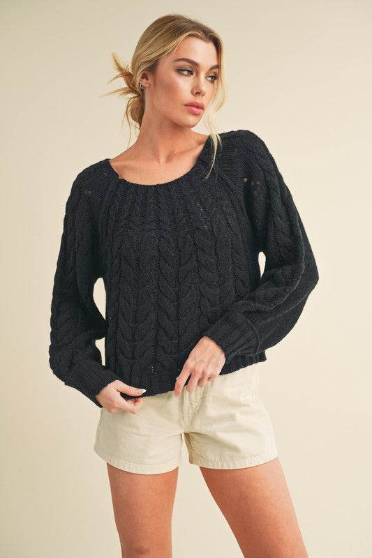 Aemi + Co Cable-Knit Openwork Round Neck Sweater - us.meeeshop