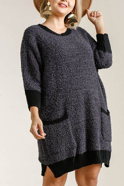 Umgee Ribbed Hem Round Neck 3/4 Sleeve Sweater Dress with Pockets Plus Size - us.meeeshop