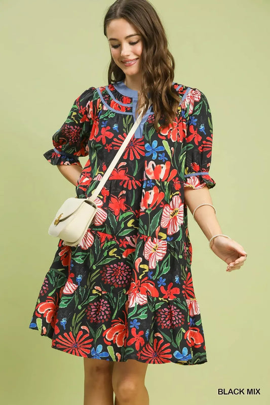 Umgee Floral Tiered Puff Sleeve Dress (women's dresses) - shop at us.meeeshop