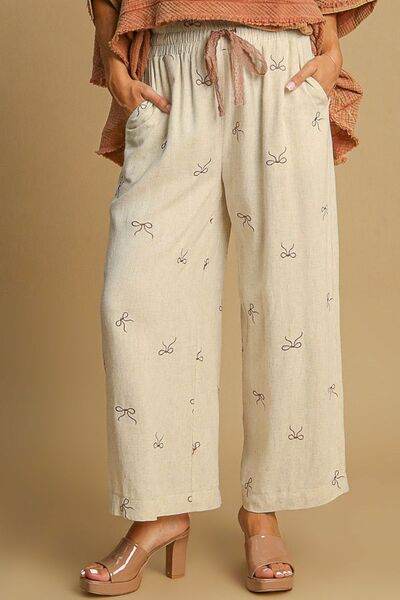 Umgee Lace Drawstring Embroidered Bow Wide Leg Pants Plus Size - us.meeeshop