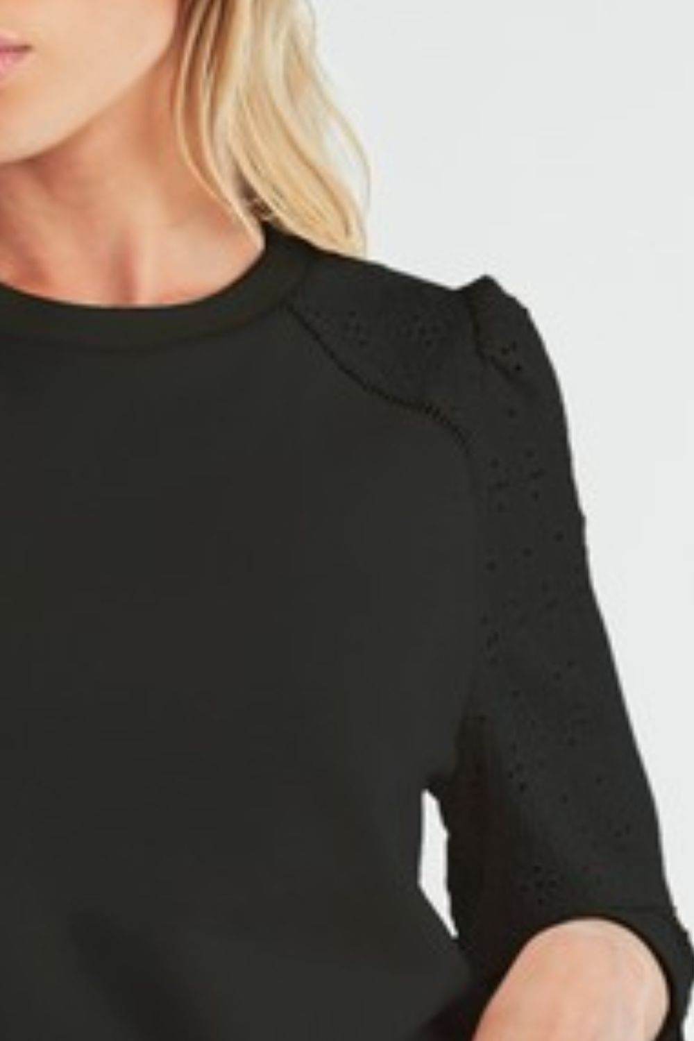 Aemi + Co Embroidered Eyelet Round Neck 3/4 Sleeve Blouse in Black - us.meeeshop