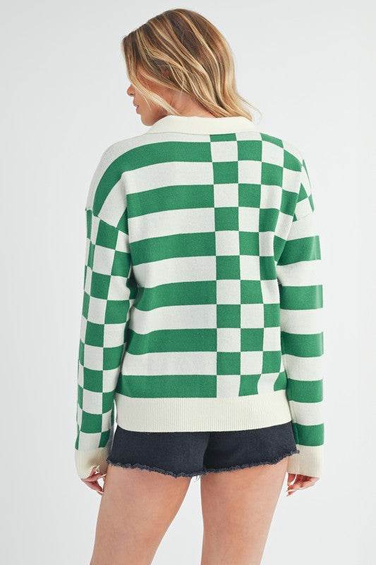 Aemi + Co Striped & Checkered Drop Shoulder Sweater - us.meeeshop