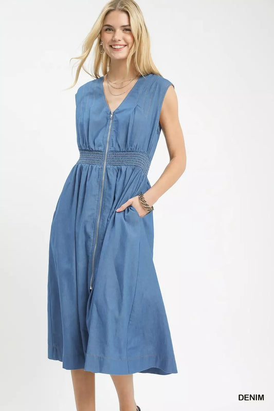 umgee denim sleeveless Umgee Denim Sleeveless Zip-front Smocked Waist Midi Dress DENIM (dress) - shop at us.meeeshop