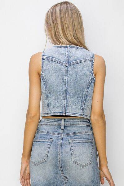 RISEN Button Down Crop Denim Vest - us.meeeshop