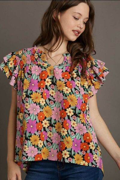 Umgee Floral Printed Smocked Top Plus Size - us.meeeshop