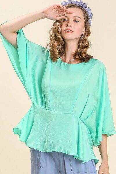 Umgee Satin Pleated Round Neck Kimono Sleeve Blouse Plus Size - us.meeeshop