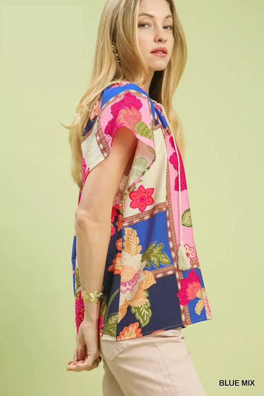 Umgee Mix Floral Patchwork Tassel Tie Top (women's shirts & tops) view 2 - shop at us.meeeshop