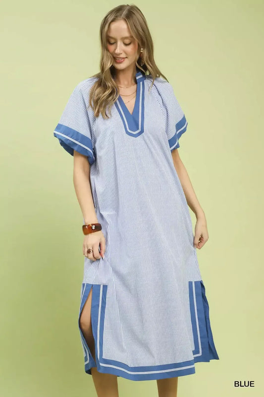 Umgee Pinstripe Contrast Trim Midi Dress (women's dresses) - shop at us.meeeshop