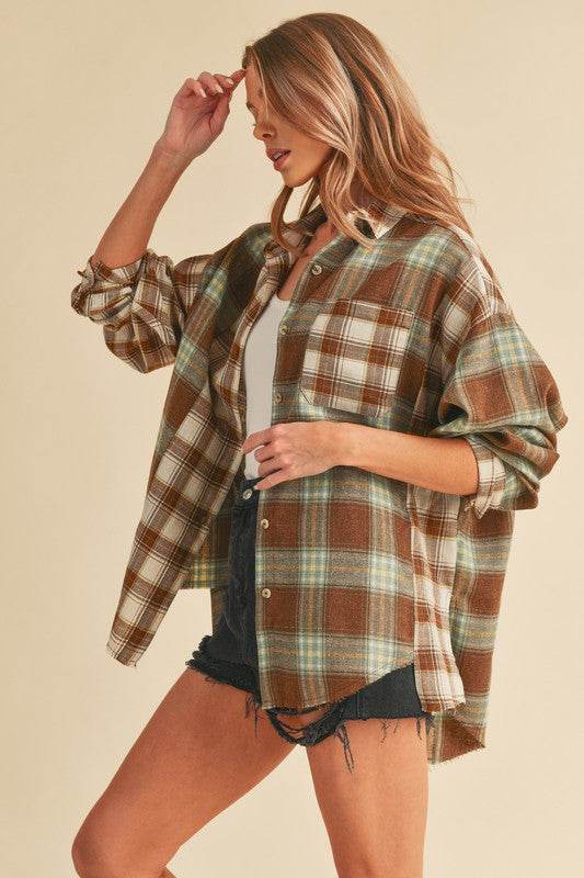 Aemi + Co Frayed Hem Plaid Button Up Flannel Shirt in Brown/White/Sage - us.meeeshop