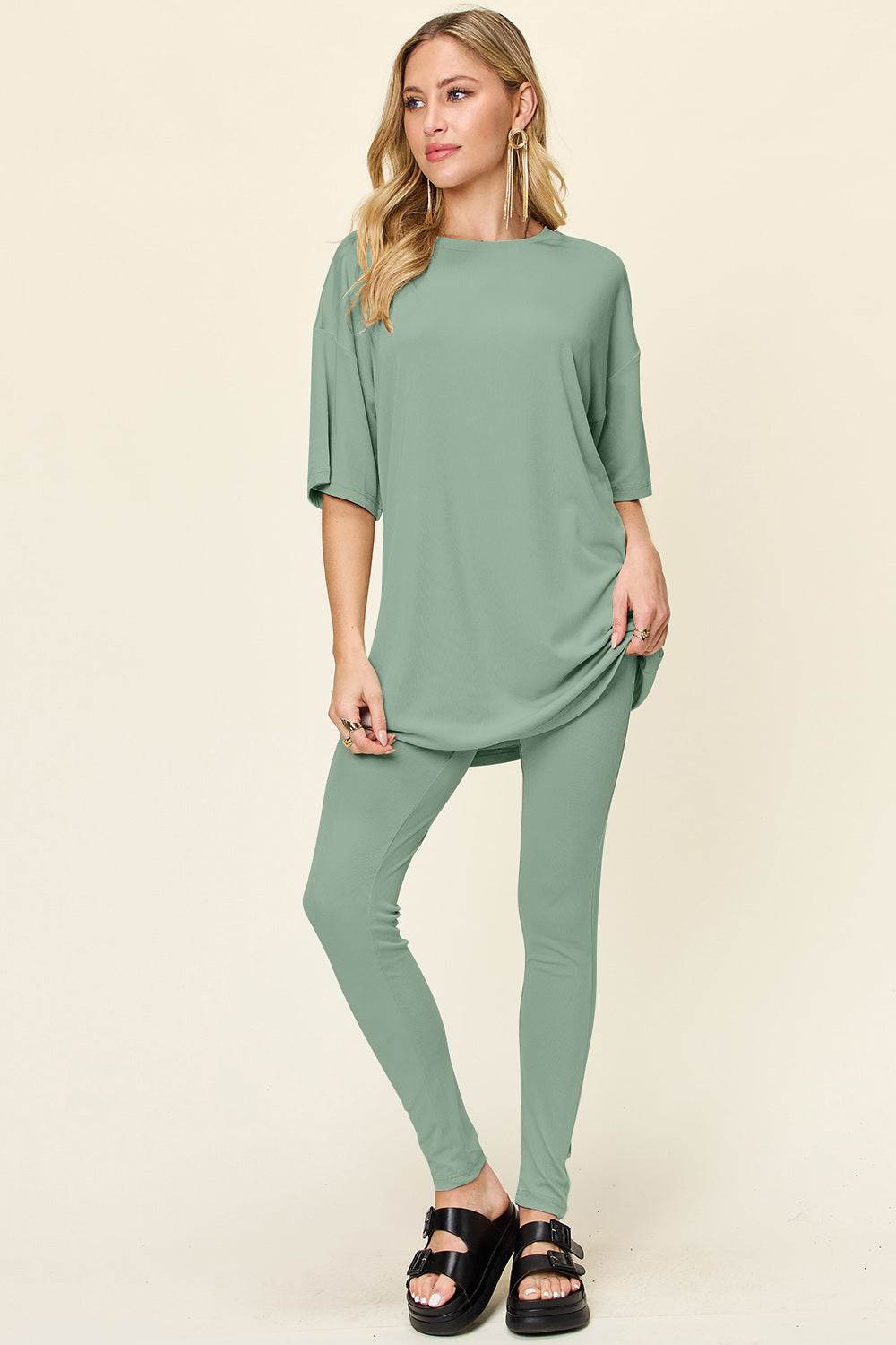 Double Take Full Size Round Neck Dropped Shoulder T-Shirt and Leggings Set - us.meeeshop