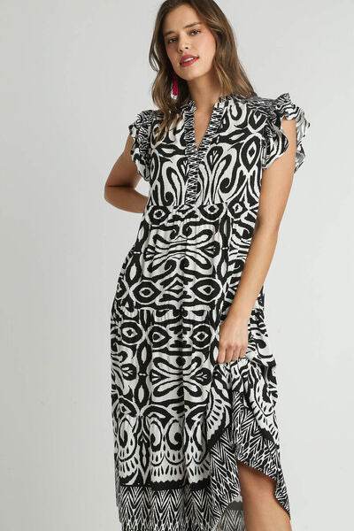 Umgee Two Tone Border Print Ruffle Cap Sleeve Midi Dress Plus Size - us.meeeshop