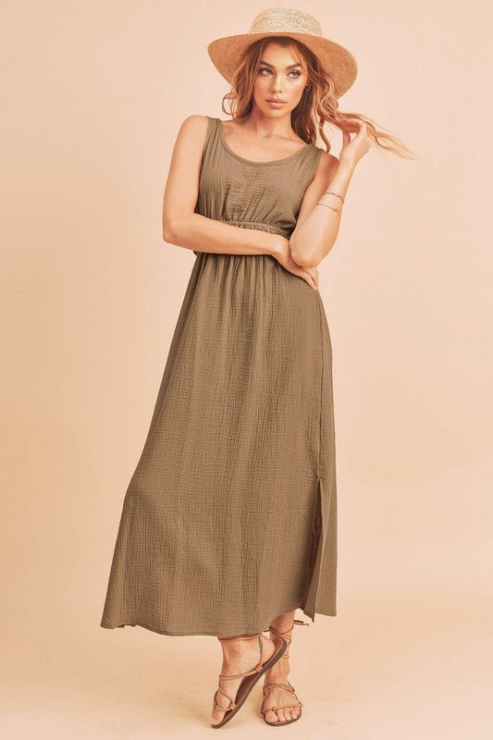 Aemi + Co Side Slit Round Neck Sleeveless Tank Dress in Taupe - us.meeeshop