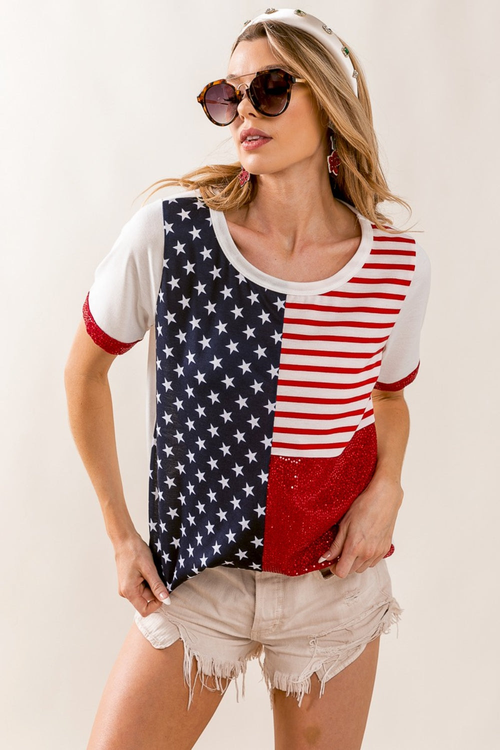 BiBi Star & Stripes Round Neck Short Sleeve T-Shirt | us.meeeshop