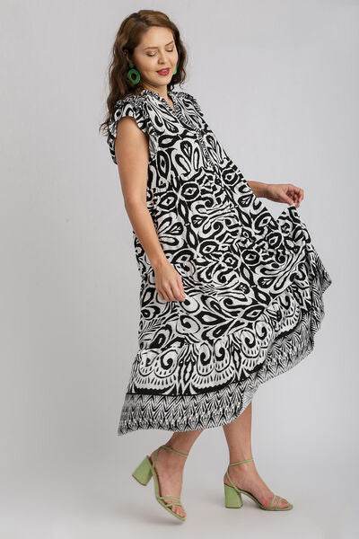 Umgee Two Tone Border Print Ruffle Cap Sleeve Midi Dress Plus Size - us.meeeshop