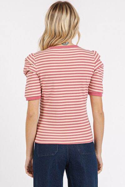 Mittoshop Striped Round Neck Puff Sleeve T-Shirt - us.meeeshop