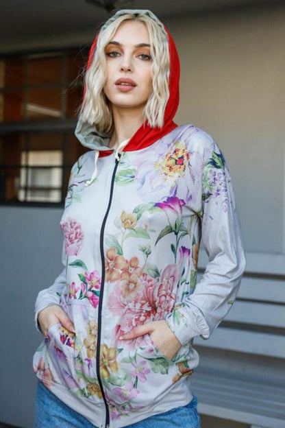 Tasha Apparel Full Size Floral Zip Up Hoodie | us.meeeshop