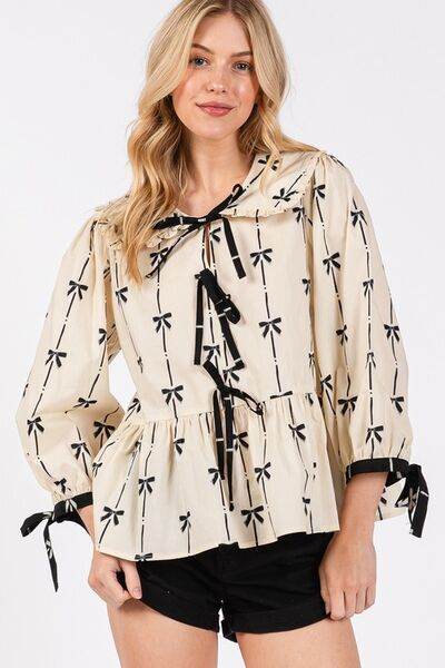 SAGE + FIG Bow Print Tie Front Babydoll Blouse - us.meeeshop