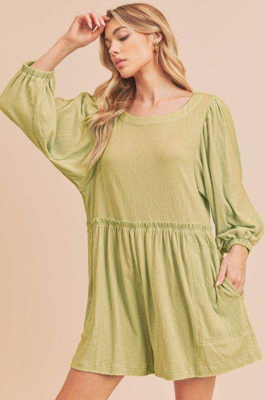 Aemi + Co Frill Round Neck Long Sleeve Romper with Pockets - us.meeeshop