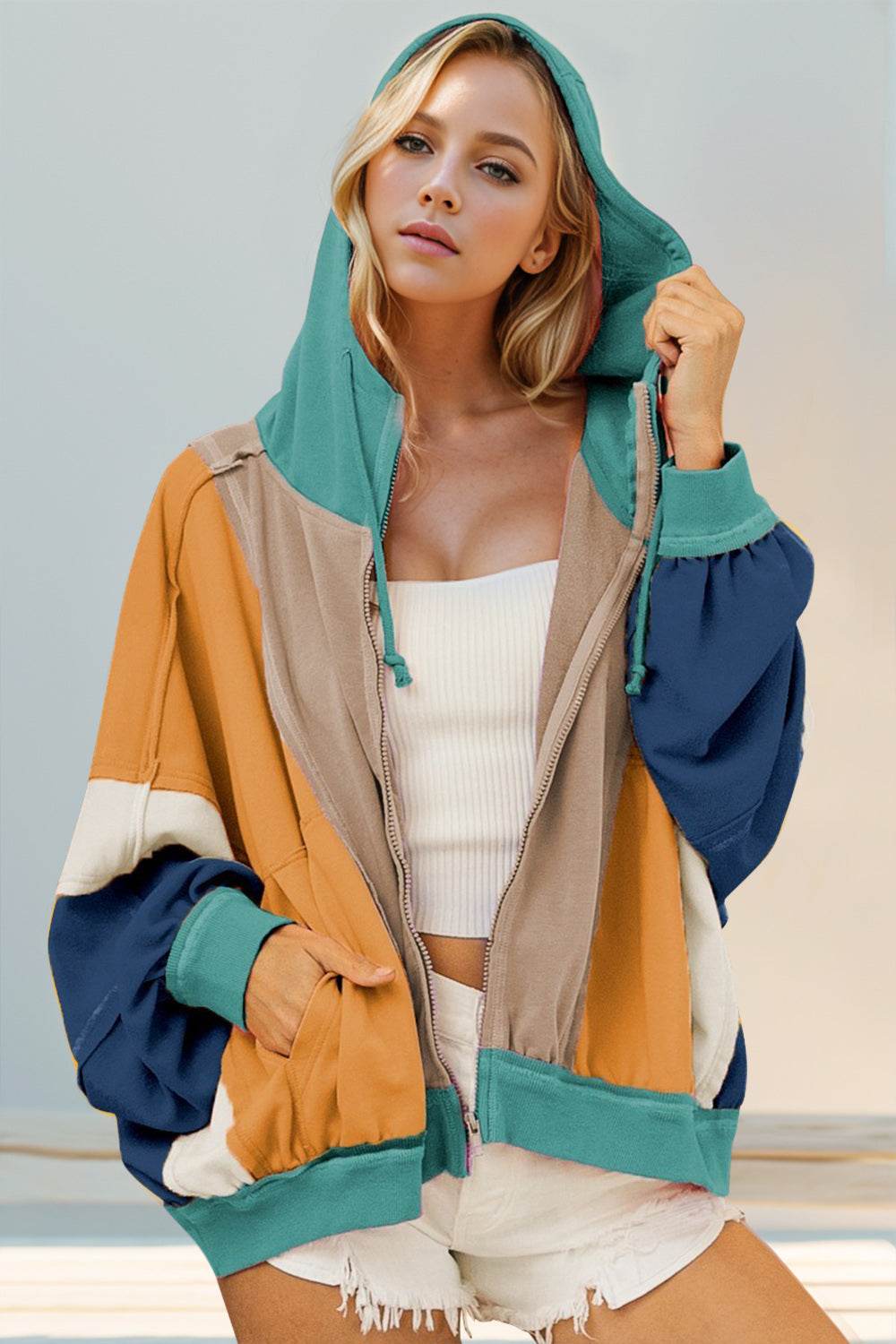 Double Take Full Size Color Block Zip Up Hoodie - us.meeeshop