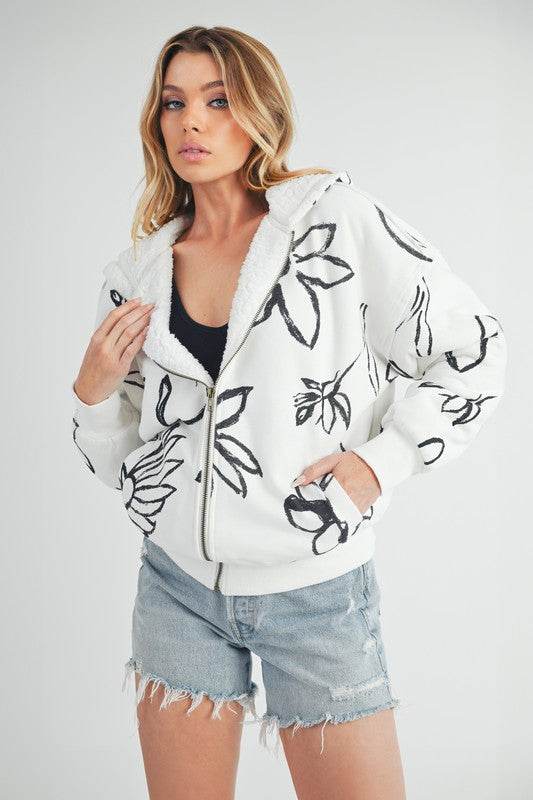 Aemi + Co Flower Print Zip Up Sherpa Hoodie - us.meeeshop