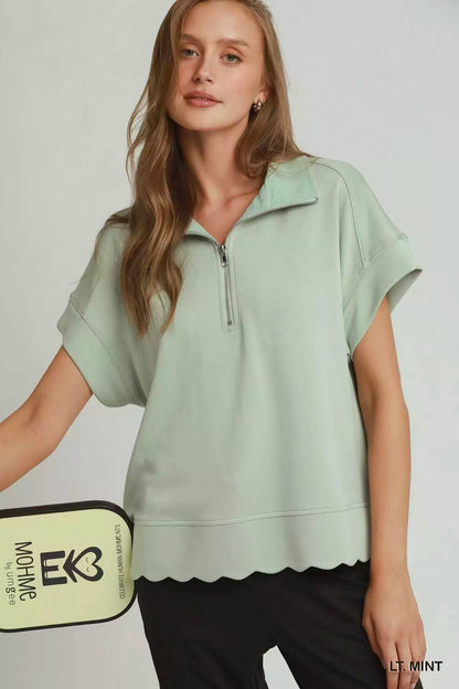 umgee half zip Umgee Half Zip Pullover with Scalloped Edge Hem LT. MINT (layer) - shop at us.meeeshop