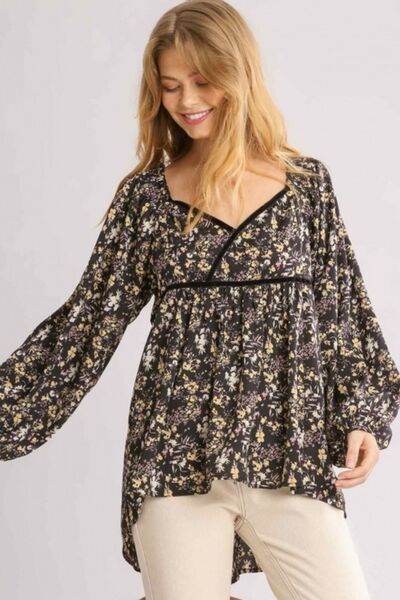 Umgee | Floral Print Velvet Trimmed Balloon Sleeve Top Plus Size - us.meeeshop