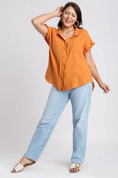 Umgee Frayed Hem Collared Neck Short Sleeve Shirt Plus Size - us.meeeshop