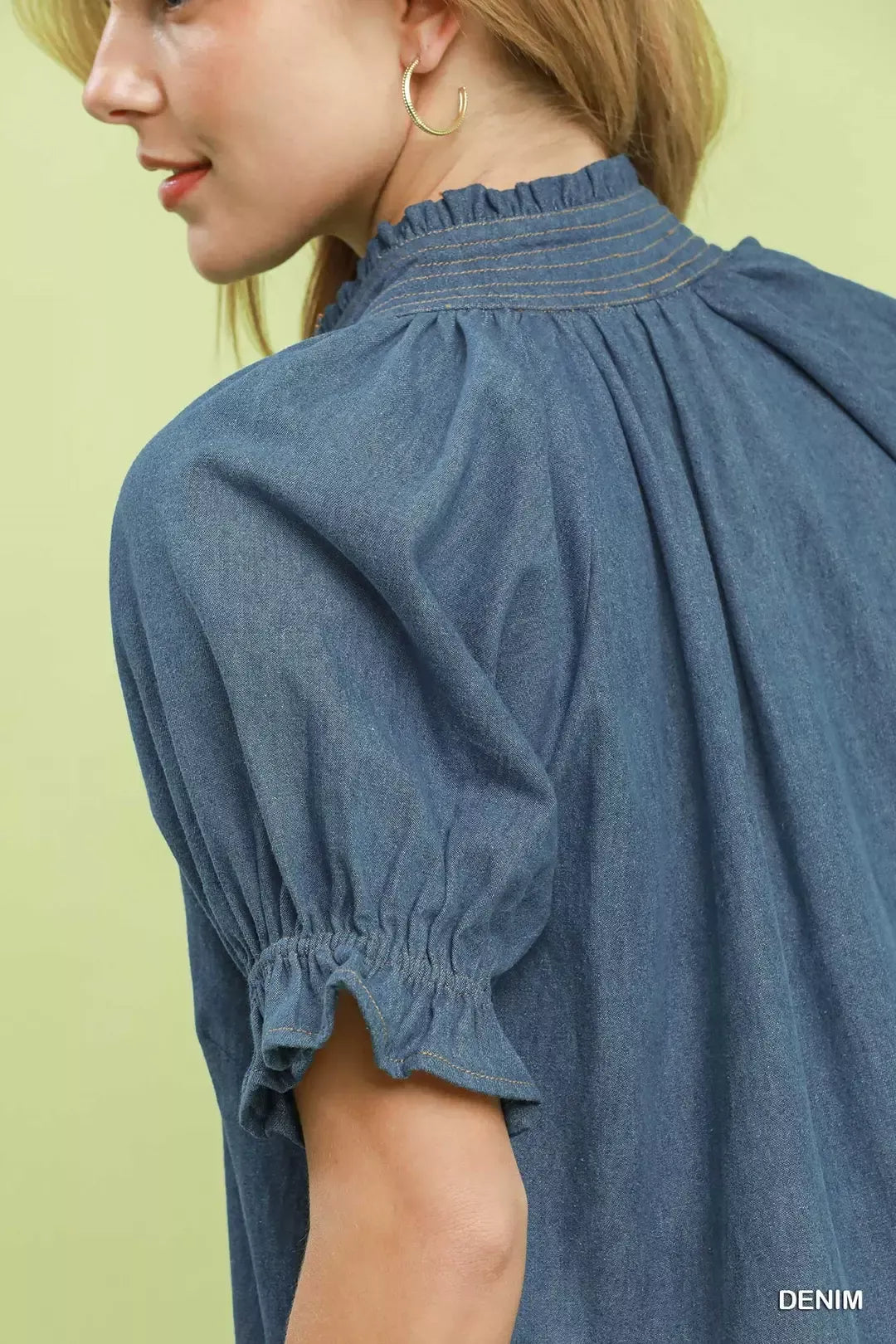 umgee chambray puff Umgee Chambray Puff Sleeve Scallop Hem Blouse view 4 (top) - shop at us.meeeshop