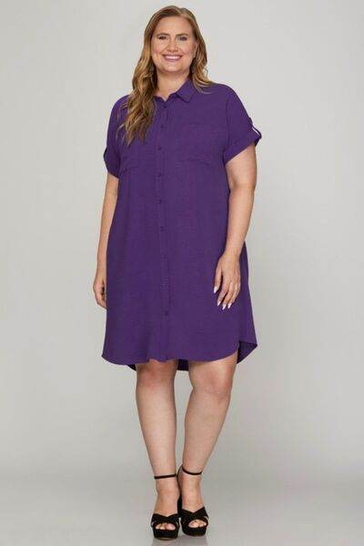 She + Sky Button Down Short Sleeve Woven Shirt Dress Plus Size - us.meeeshop