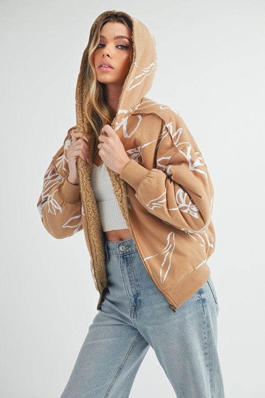 Aemi + Co Flower Print Zip Up Sherpa Hoodie - us.meeeshop