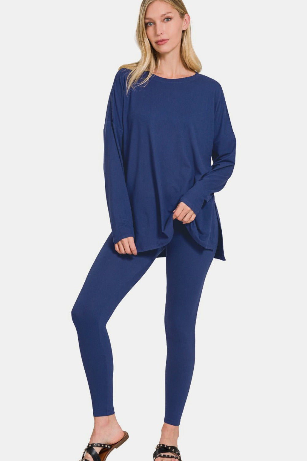 Zenana Full Size Brushed Microfiber Top and Leggings Lounge Set In Navy