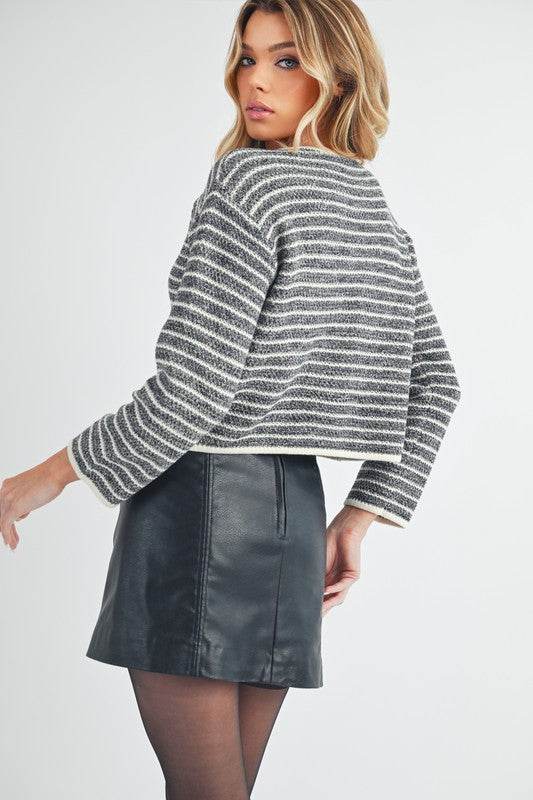 Aemi + Co Striped Button Down Round Neck Cardigan - us.meeeshop