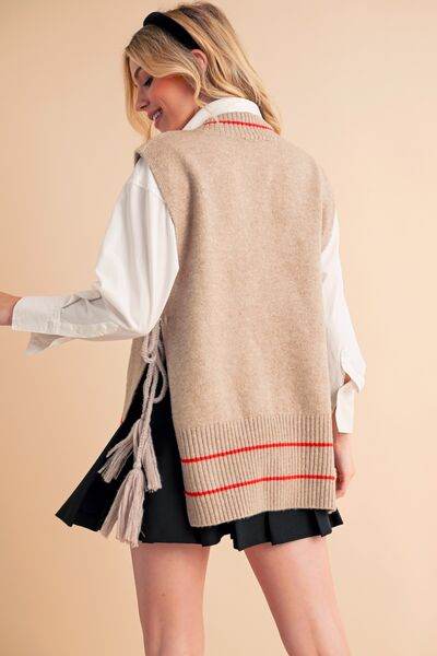 Aemi + Co Ribbed V-Neck Sweater Vest with Tassel - us.meeeshop