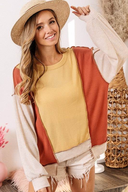 BiBi Waffle-Knit Exposed Seam Color Block Uneven Hem Top - us.meeeshop