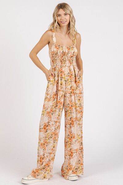 Mittoshop Flower Print Gathered Bust Sleeveless Jumpsuit - us.meeeshop