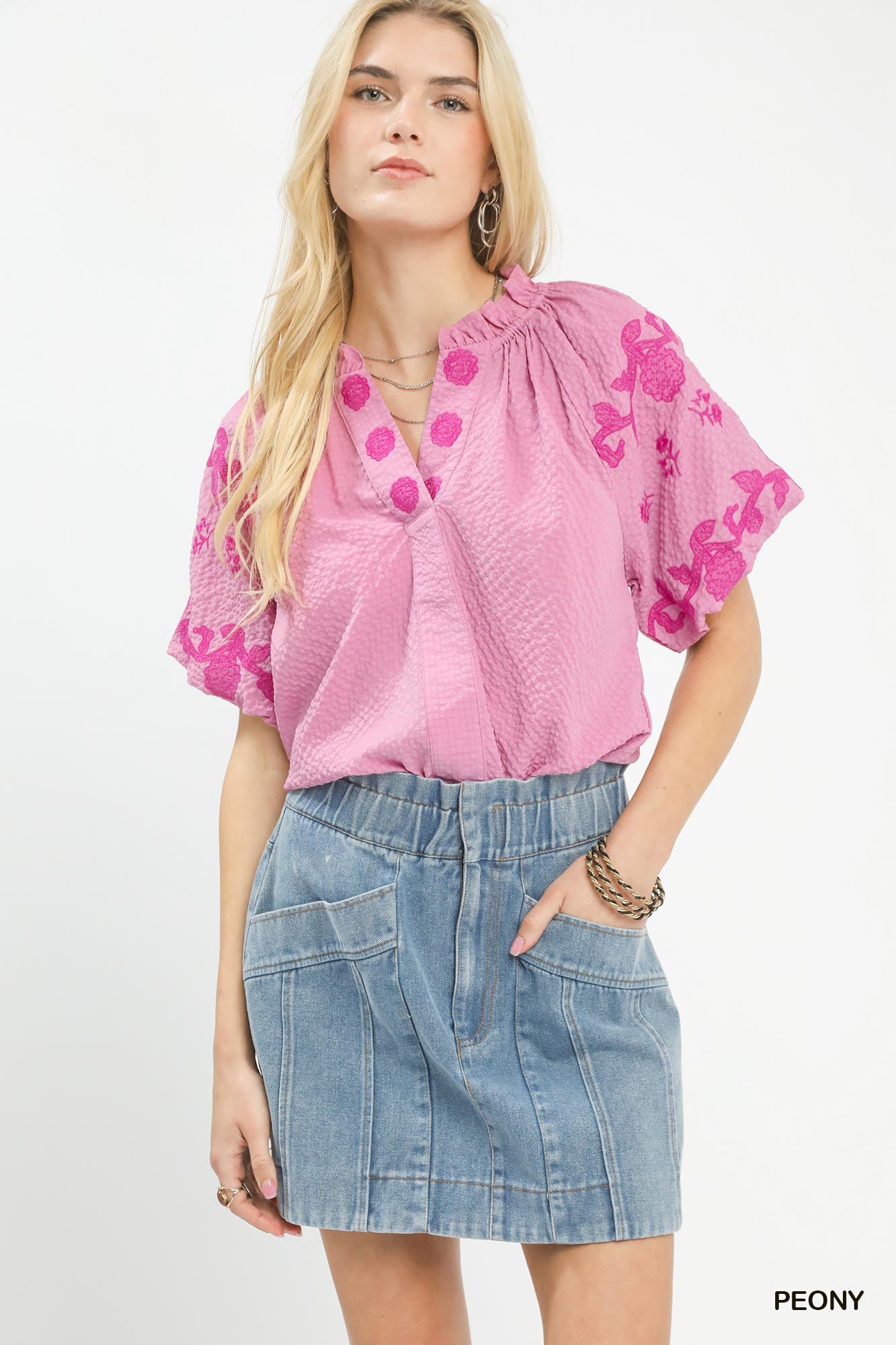 umgee embroidered textured Umgee Embroidered Textured Flutter Sleeve Top PEONY (top) - shop at us.meeeshop