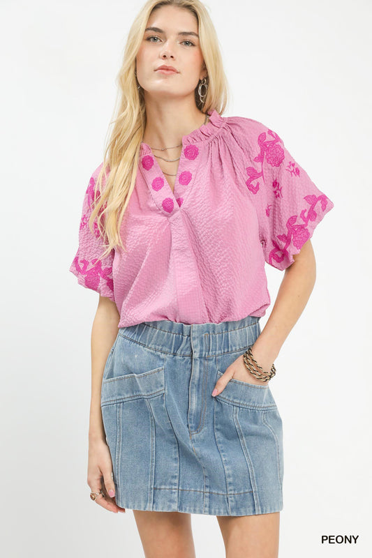 Umgee Embroidered Textured Flutter Sleeve Top (women's shirts & tops) - shop at us.meeeshop