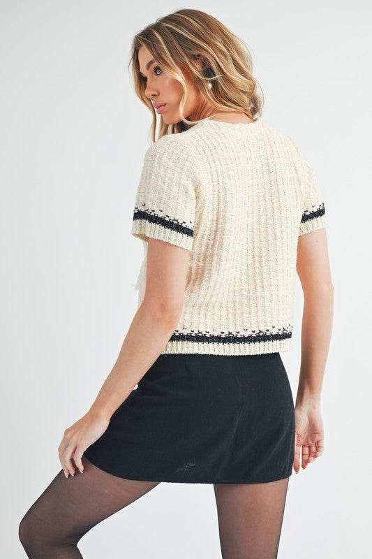 Aemi + Co Round Neck Short Sleeve Tweed Sweater - us.meeeshop