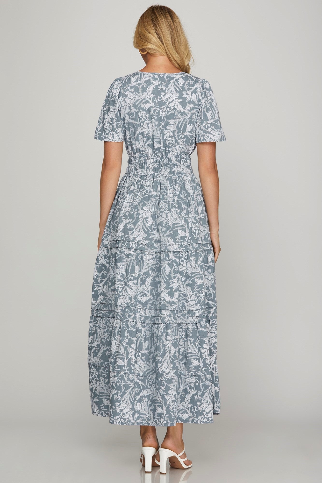 She + Sky Printed Notched Woven Tiered Pintuck Maxi Dress with Side Pockets in Air Force Blue - us.meeeshop