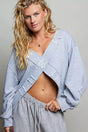 Pol Exposed Outseam Crochet Patch V-neck Sweatshirt with Open Wrap-style Design