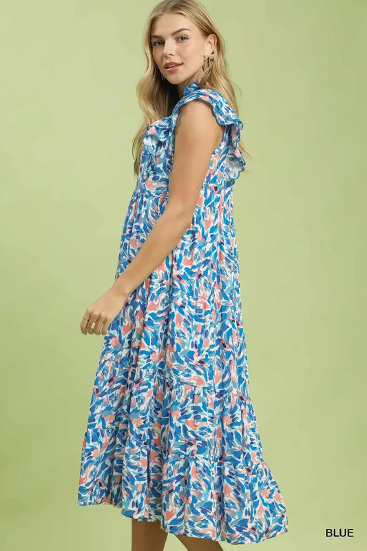 Umgee Leaf Print Midi Tiered Dress with Side Pockets (women's dresses) view 2 - shop at us.meeeshop
