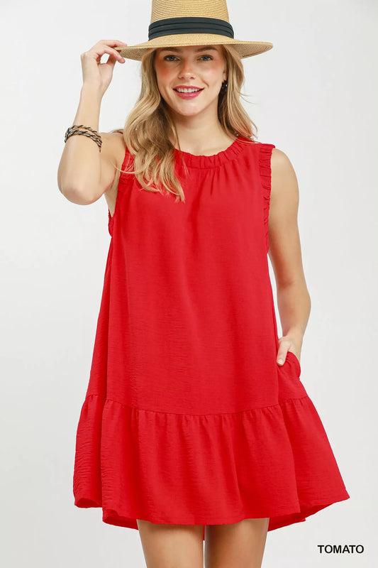 umgee sleeveless ruffle Umgee Sleeveless Ruffle Trim Drop Waist Mini Dress TOMATO (dress) - shop at us.meeeshop