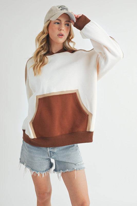 Aemi + Co Color Block Kangaroo Pocketed Hoodie in Oatmeal - us.meeeshop