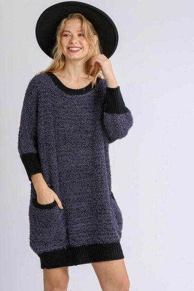 Umgee Ribbed Hem Round Neck 3/4 Sleeve Sweater Dress with Pockets Plus Size - us.meeeshop