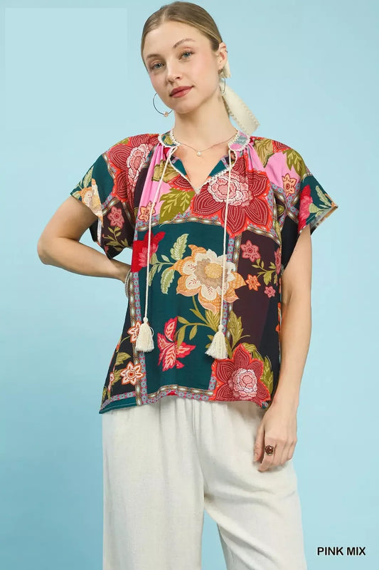 Umgee Mix Floral Patchwork Tassel Tie Top (women's shirts & tops) - shop at us.meeeshop