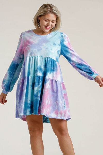 Umgee Tie Dye Round Neck Long Sleeve Babydoll Tiered Dress Plus Size - us.meeeshop