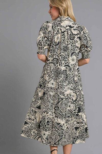 Umgee Printed Smocked Cuff Puff Sleeve Midi Dress Plus Size - us.meeeshop